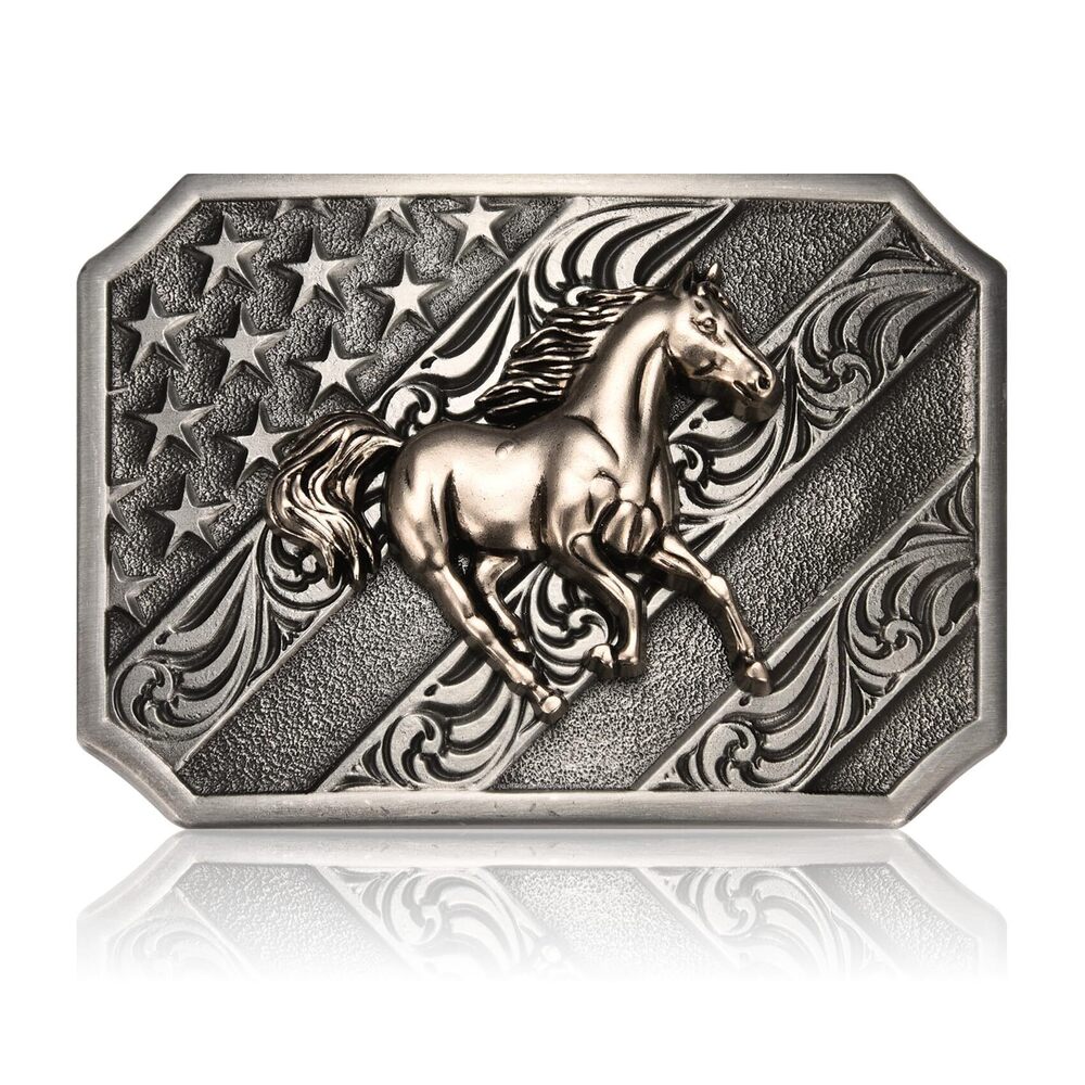 2276 Western Belt Buckle Cowboy Rodeo Grey Running Horse Belt Buckles
